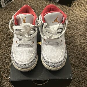Jordan retro 3 size 11c preschool kids red white and gray sneakers